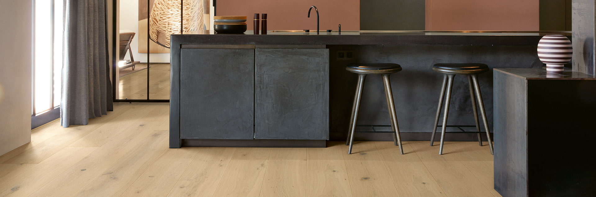 Kitchen with waterproof brown hardwood flooring